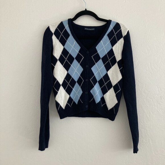 Brandy Melville Button Front Cardigan Sweater Argyle Black Blue Preppy Academia - Picture 1 of 8
